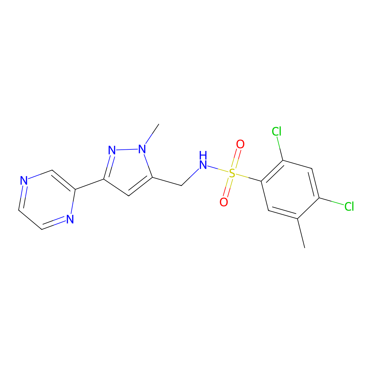 2,4-dichloro-5-methyl-N-((1-methyl-3-(pyrazin-2-yl)-1H-pyrazol-5-yl)methyl)benzenesulfonamide molecular structure, CAS 2034374-31-5