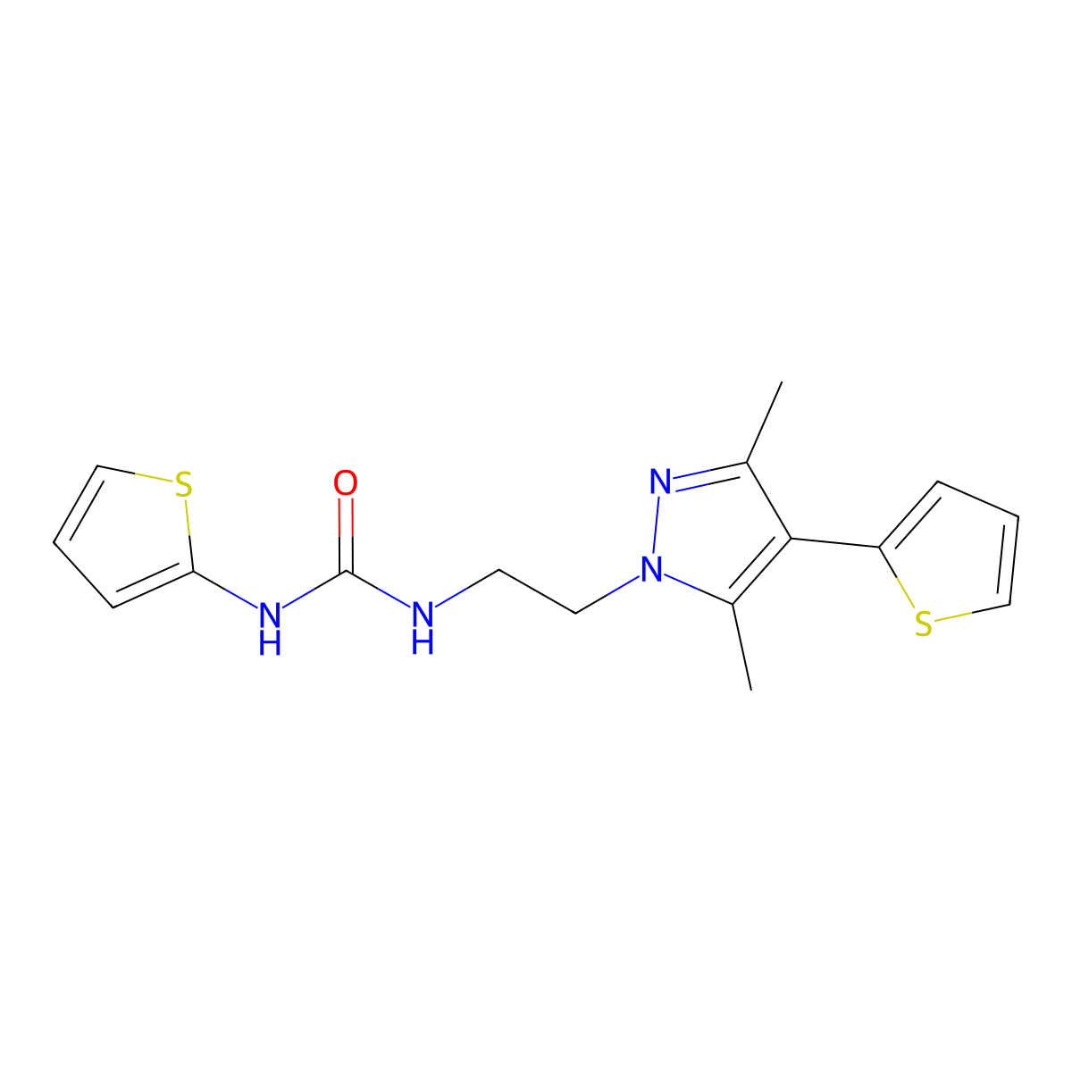 1-(2-(3,5-dimethyl-4-(thiophen-2-yl)-1H-pyrazol-1-yl)ethyl)-3-(thiophen-2-yl)urea molecular structure, CAS 2034374-38-2