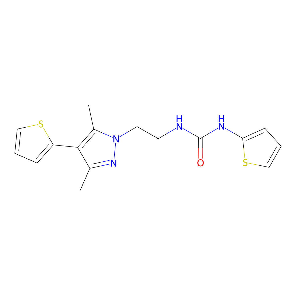1-(2-(3,5-dimethyl-4-(thiophen-2-yl)-1H-pyrazol-1-yl)ethyl)-3-(thiophen-2-yl)urea molecular structure, CAS 2034374-38-2