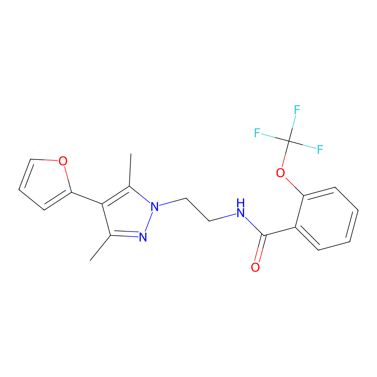 N-{2-[4-(furan-2-yl)-3,5-dimethyl-1H-pyrazol-1-yl]ethyl}-2-(trifluoromethoxy)benzamide molecular structure, CAS 2034374-41-7