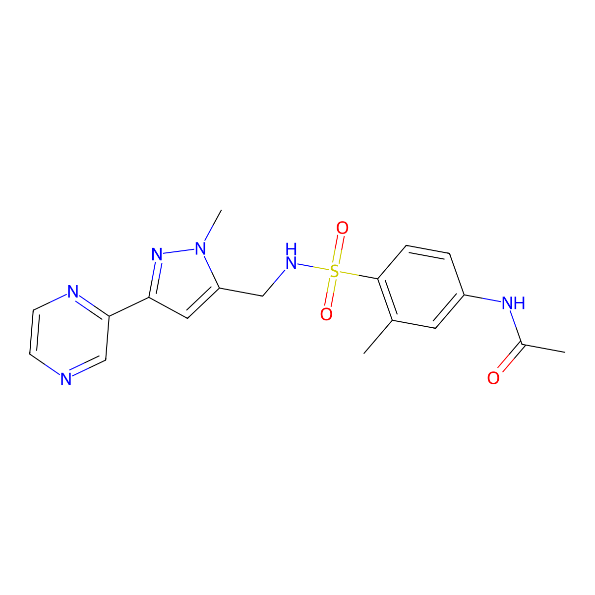 N-(3-methyl-4-(N-((1-methyl-3-(pyrazin-2-yl)-1H-pyrazol-5-yl)methyl)sulfamoyl)phenyl)acetamide molecular structure, CAS 2034374-42-8