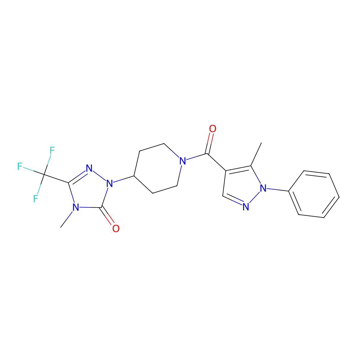 4-methyl-1-(1-(5-methyl-1-phenyl-1H-pyrazole-4-carbonyl)piperidin-4-yl)-3-(trifluoromethyl)-1H-1,2,4-triazol-5(4H)-one molecular structure, CAS 2034374-43-9