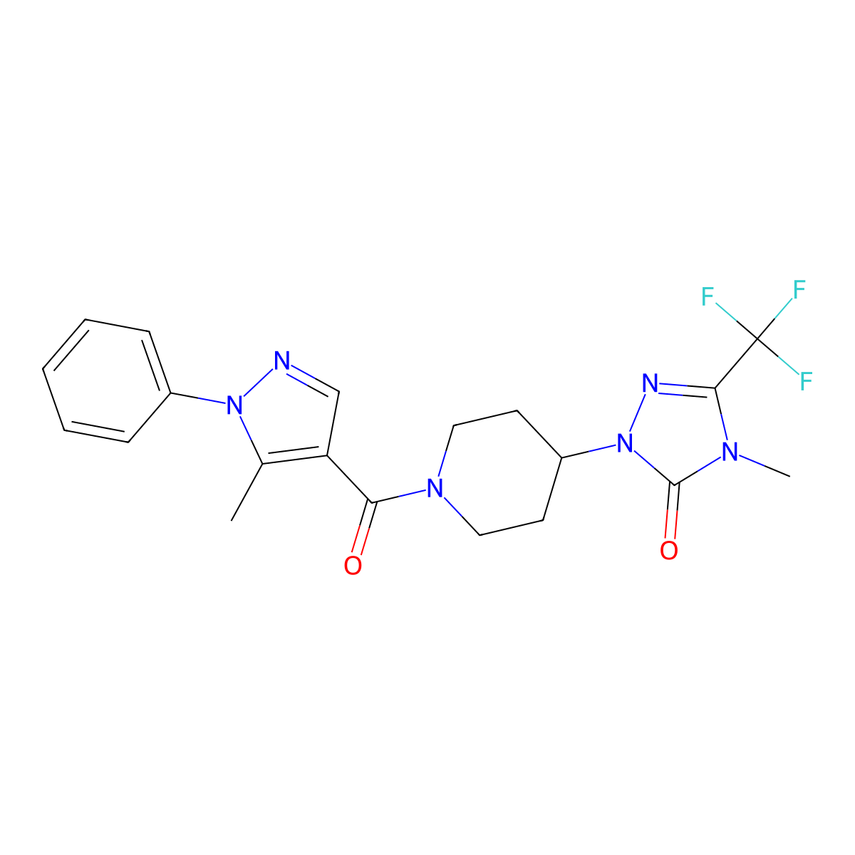 4-methyl-1-(1-(5-methyl-1-phenyl-1H-pyrazole-4-carbonyl)piperidin-4-yl)-3-(trifluoromethyl)-1H-1,2,4-triazol-5(4H)-one molecular structure, CAS 2034374-43-9