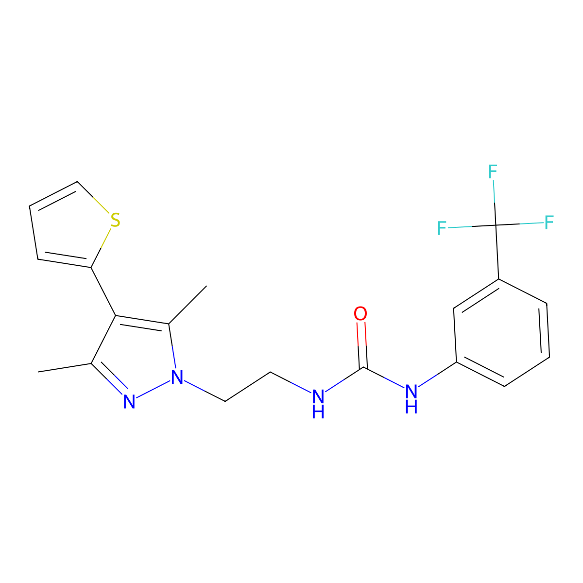 1-(2-(3,5-dimethyl-4-(thiophen-2-yl)-1H-pyrazol-1-yl)ethyl)-3-(3-(trifluoromethyl)phenyl)urea molecular structure, CAS 2034374-49-5