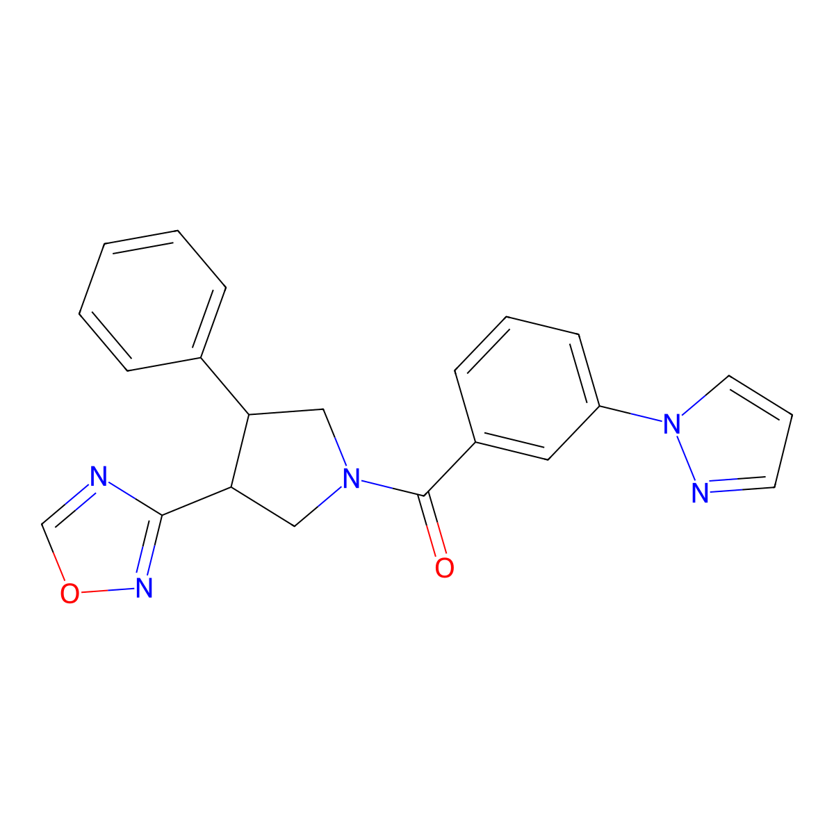 (3-(1,2,4-oxadiazol-3-yl)-4-phenylpyrrolidin-1-yl)(3-(1H-pyrazol-1-yl)phenyl)methanone molecular structure, CAS 2034374-51-9