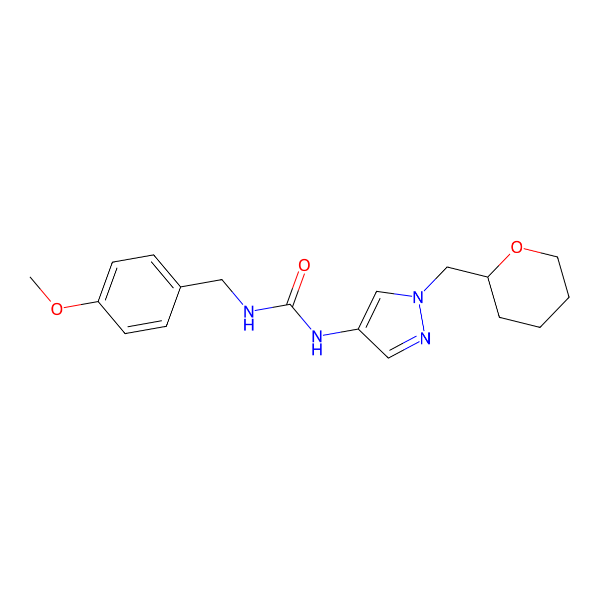 1-(4-methoxybenzyl)-3-(1-((tetrahydro-2H-pyran-2-yl)methyl)-1H-pyrazol-4-yl)urea molecular structure, CAS 2034374-52-0