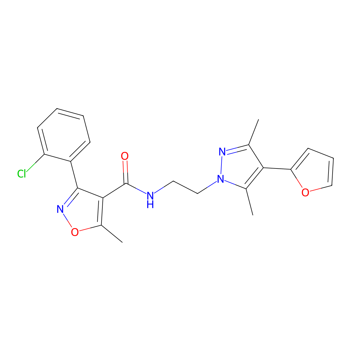 3-(2-chlorophenyl)-N-(2-(4-(furan-2-yl)-3,5-dimethyl-1H-pyrazol-1-yl)ethyl)-5-methylisoxazole-4-carboxamide molecular structure, CAS 2034374-53-1