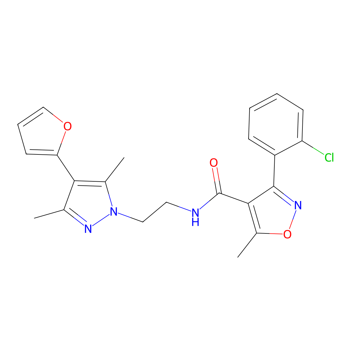 3-(2-chlorophenyl)-N-(2-(4-(furan-2-yl)-3,5-dimethyl-1H-pyrazol-1-yl)ethyl)-5-methylisoxazole-4-carboxamide molecular structure, CAS 2034374-53-1