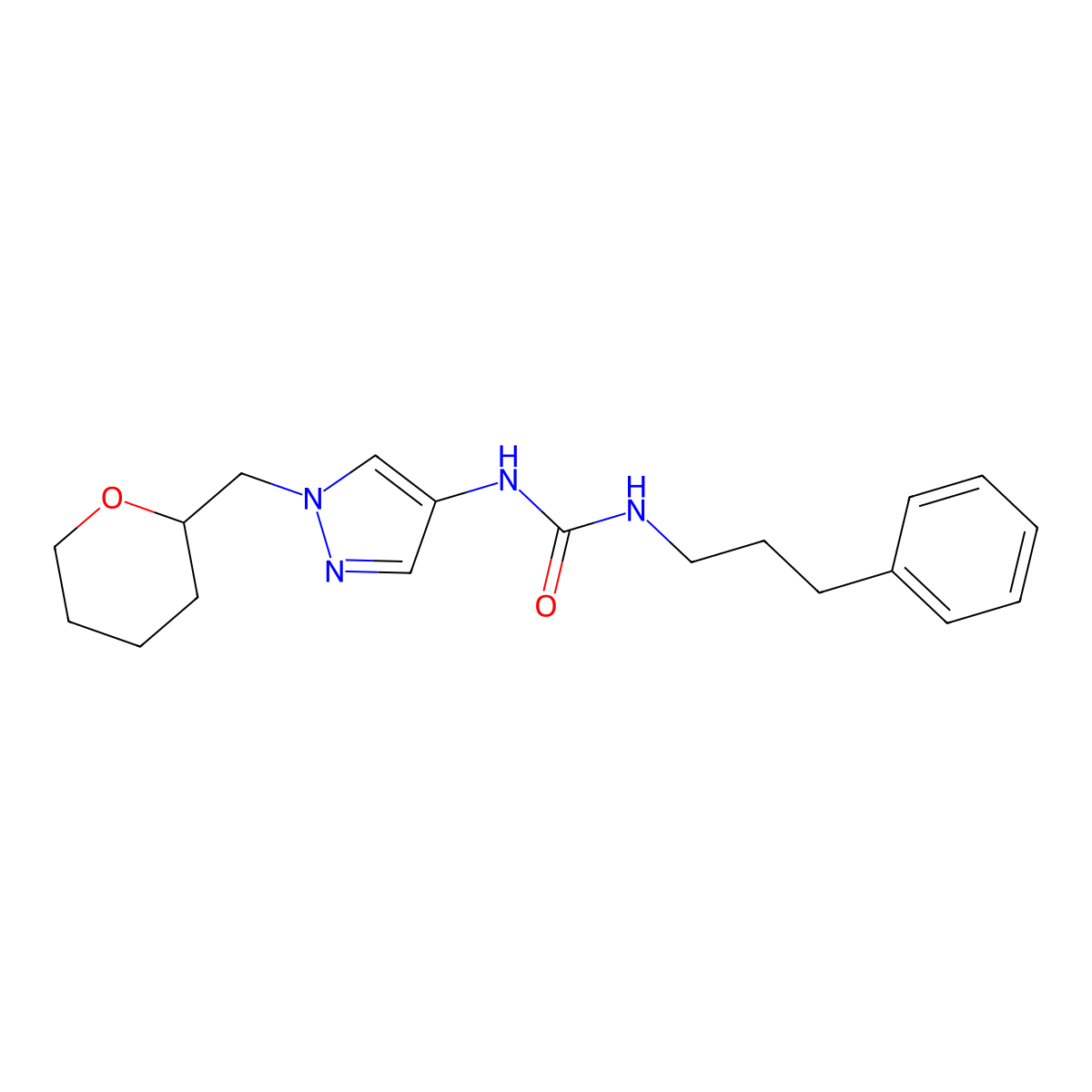 1-(3-phenylpropyl)-3-(1-((tetrahydro-2H-pyran-2-yl)methyl)-1H-pyrazol-4-yl)urea molecular structure, CAS 2034374-57-5