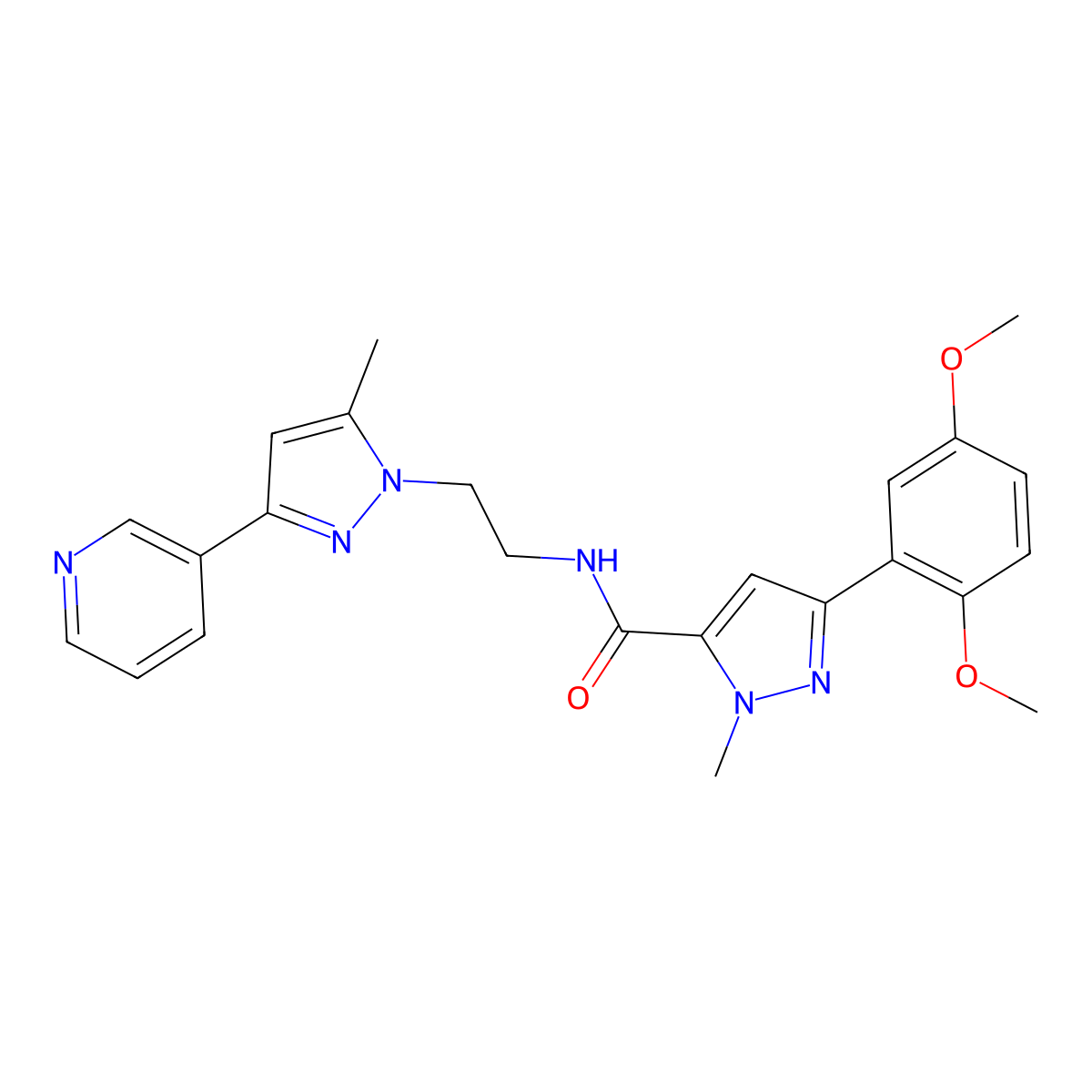 3-(2,5-dimethoxyphenyl)-1-methyl-N-{2-[5-methyl-3-(pyridin-3-yl)-1H-pyrazol-1-yl]ethyl}-1H-pyrazole-5-carboxamide molecular structure, CAS 2034374-67-7
