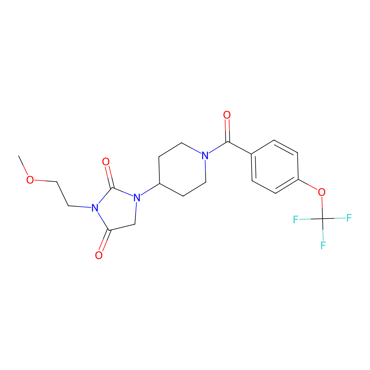 3-(2-Methoxyethyl)-1-(1-(4-(trifluoromethoxy)benzoyl)piperidin-4-yl)imidazolidine-2,4-dione molecular structure, CAS 2034374-68-8