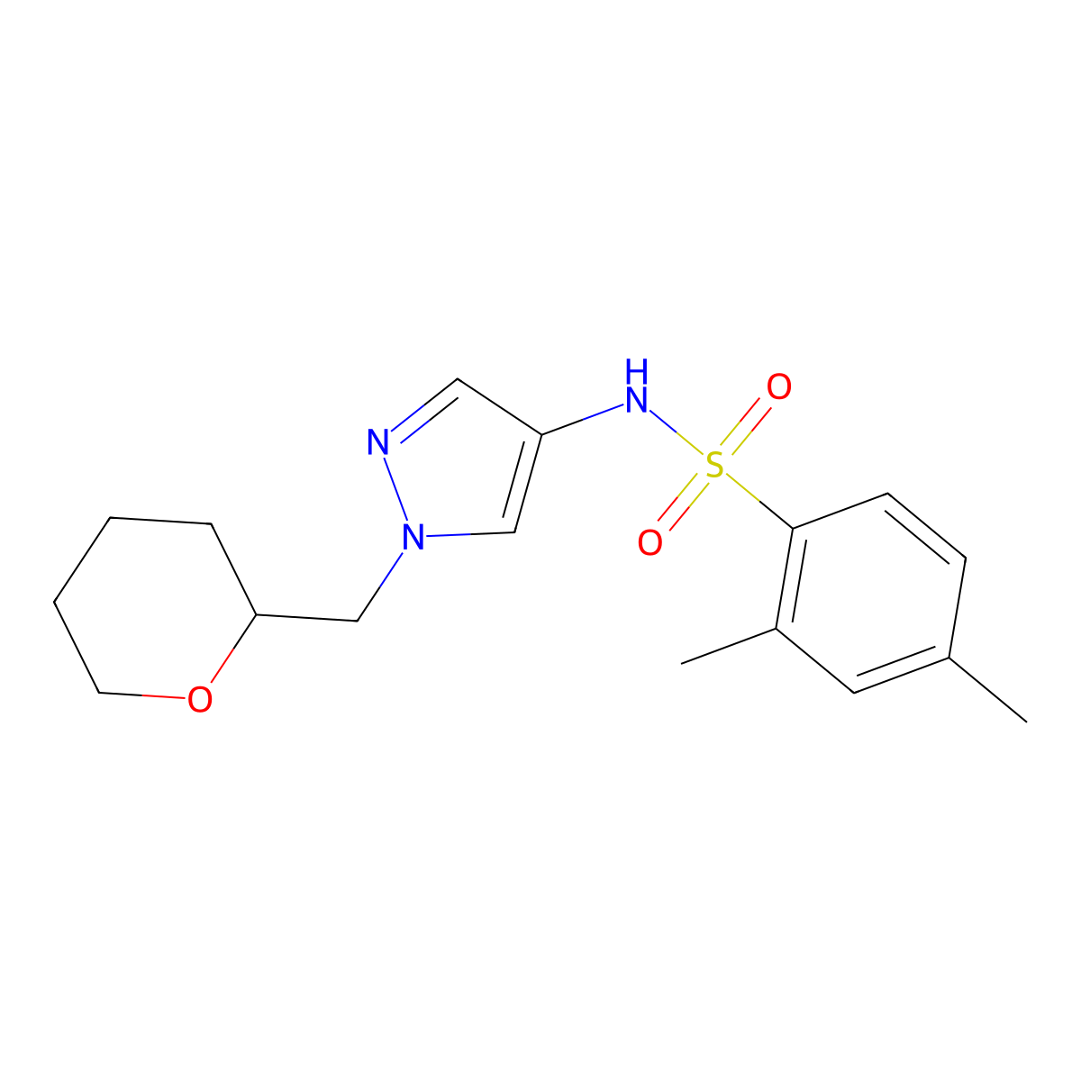2,4-dimethyl-N-(1-((tetrahydro-2H-pyran-2-yl)methyl)-1H-pyrazol-4-yl)benzenesulfonamide molecular structure, CAS 2034374-71-3