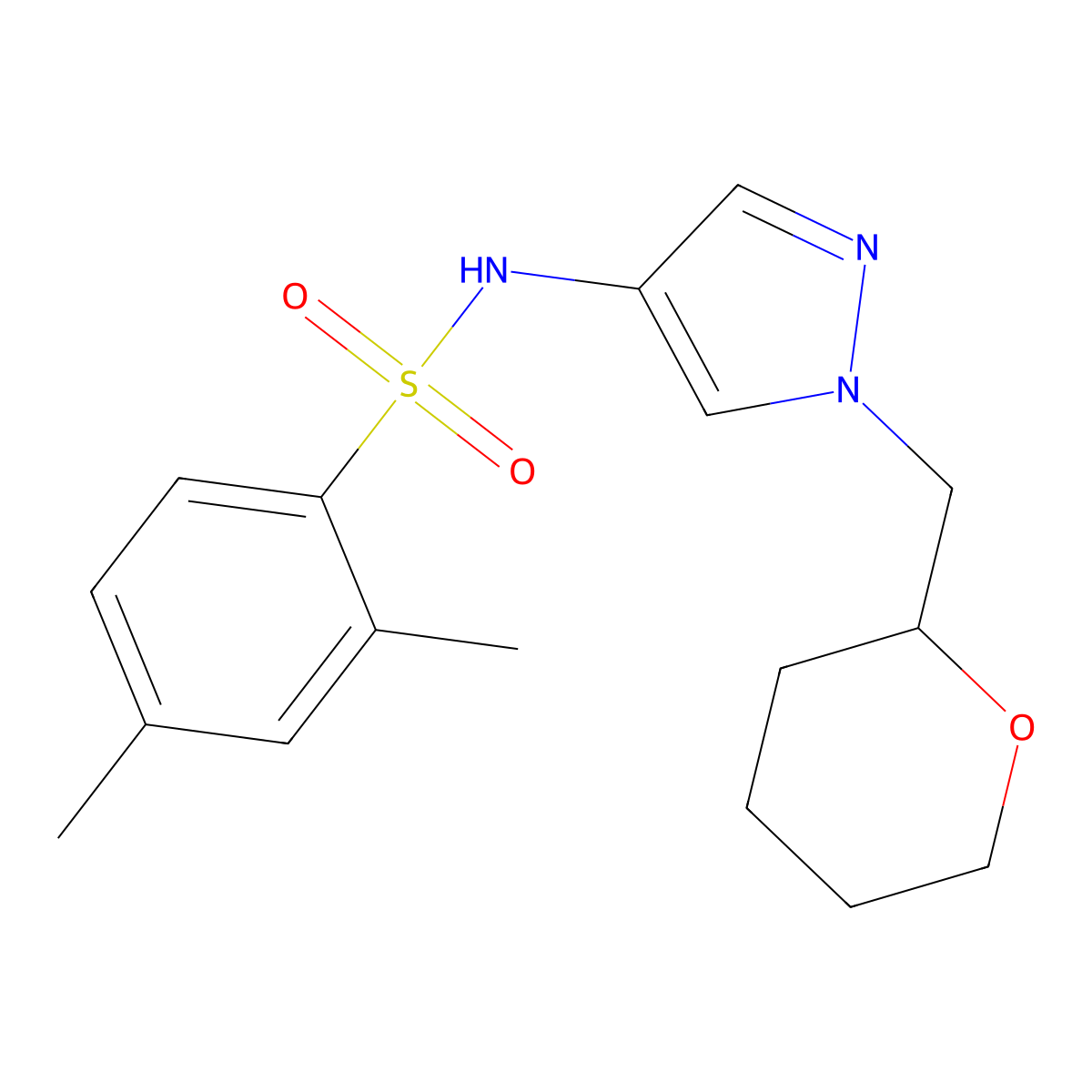 2,4-dimethyl-N-(1-((tetrahydro-2H-pyran-2-yl)methyl)-1H-pyrazol-4-yl)benzenesulfonamide molecular structure, CAS 2034374-71-3