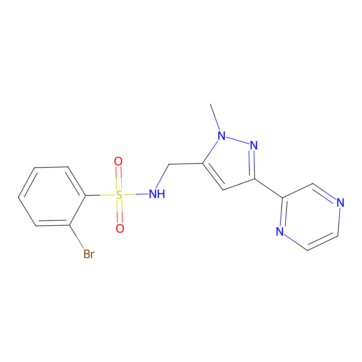 2-bromo-N-((1-methyl-3-(pyrazin-2-yl)-1H-pyrazol-5-yl)methyl)benzenesulfonamide molecular structure, CAS 2034374-73-5