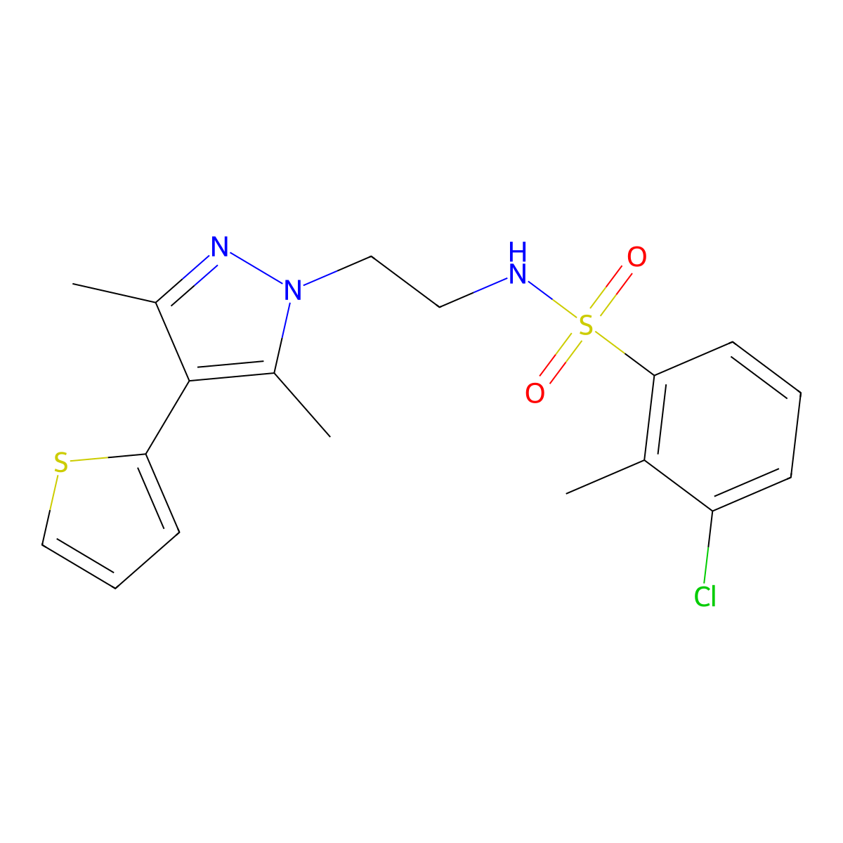 3-chloro-N-(2-(3,5-dimethyl-4-(thiophen-2-yl)-1H-pyrazol-1-yl)ethyl)-2-methylbenzenesulfonamide molecular structure, CAS 2034374-76-8