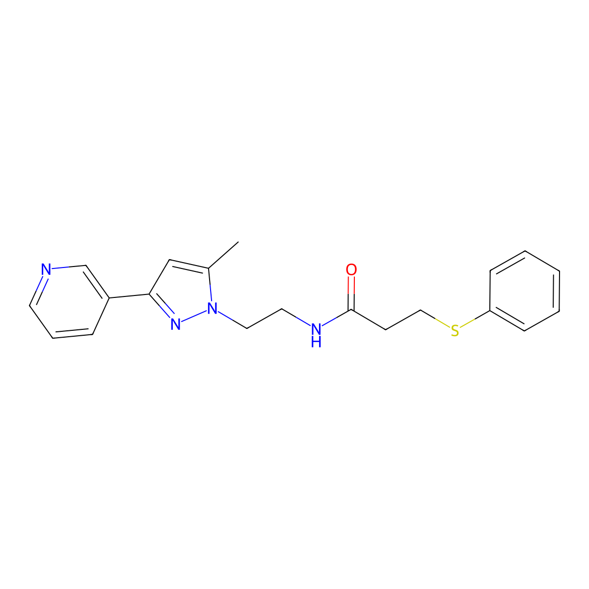 N-(2-(5-methyl-3-(pyridin-3-yl)-1H-pyrazol-1-yl)ethyl)-3-(phenylthio)propanamide molecular structure, CAS 2034374-77-9