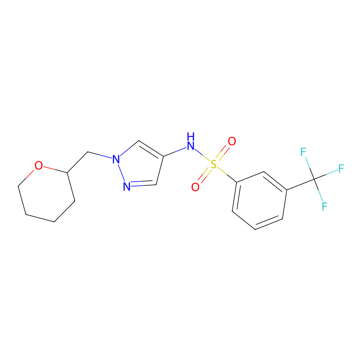 N-(1-((tetrahydro-2H-pyran-2-yl)methyl)-1H-pyrazol-4-yl)-3-(trifluoromethyl)benzenesulfonamide molecular structure, CAS 2034374-82-6