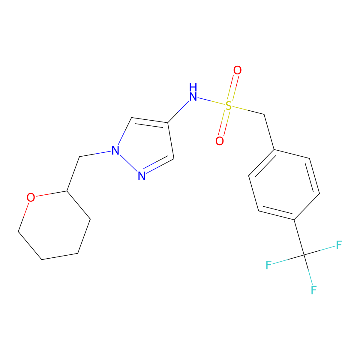 N-(1-((tetrahydro-2H-pyran-2-yl)methyl)-1H-pyrazol-4-yl)-1-(4-(trifluoromethyl)phenyl)methanesulfonamide molecular structure, CAS 2034374-84-8