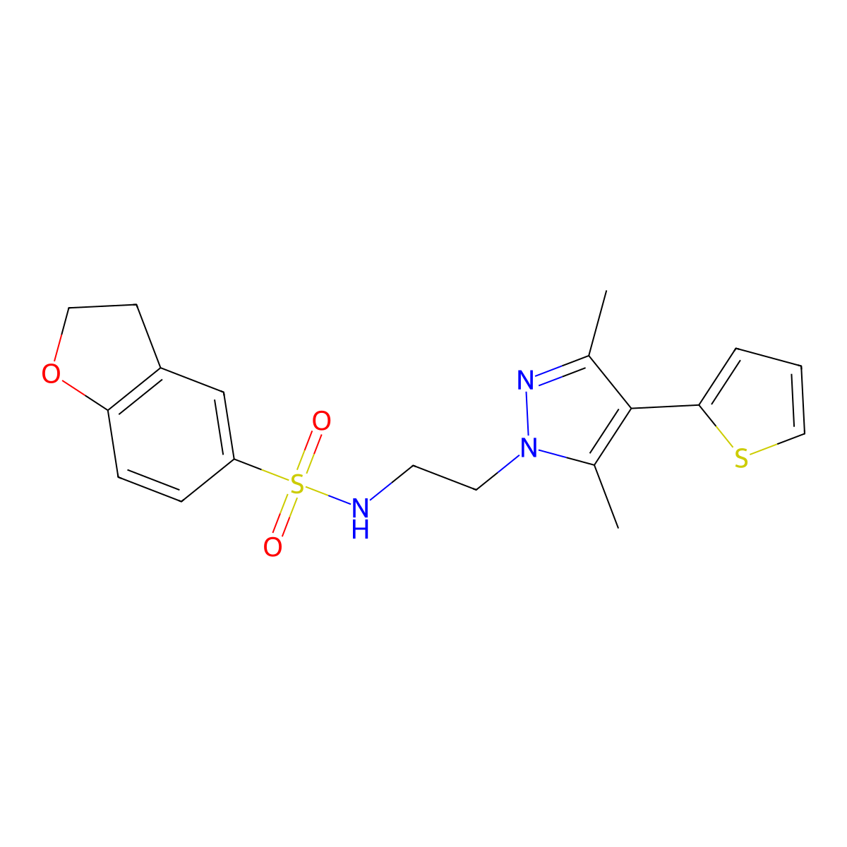 N-(2-(3,5-dimethyl-4-(thiophen-2-yl)-1H-pyrazol-1-yl)ethyl)-2,3-dihydrobenzofuran-5-sulfonamide molecular structure, CAS 2034374-86-0