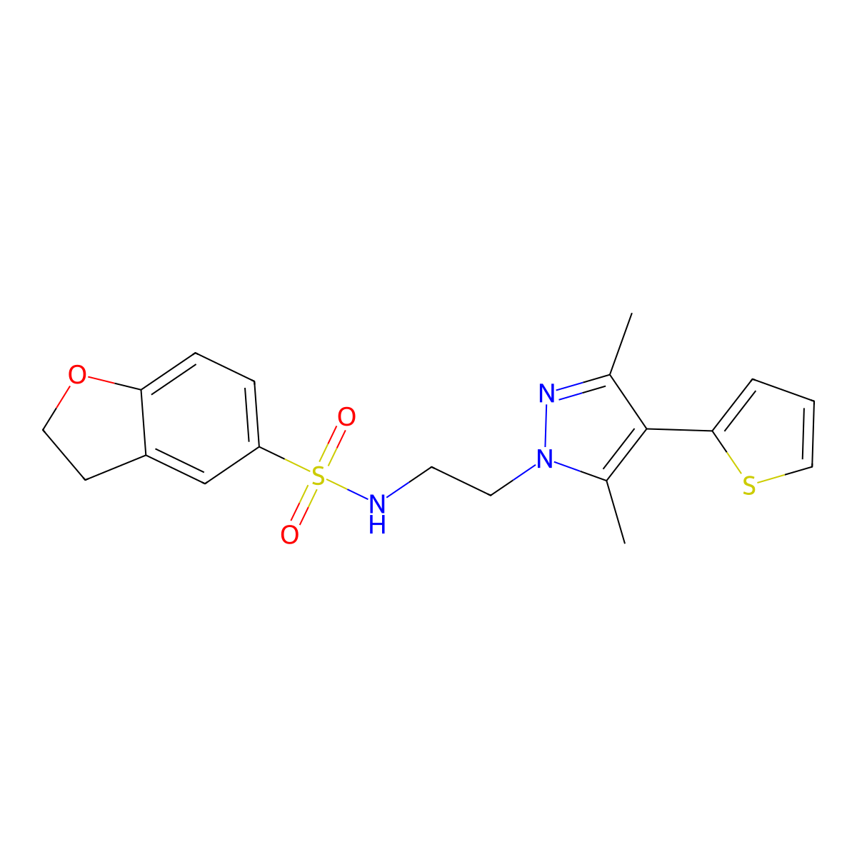 N-(2-(3,5-dimethyl-4-(thiophen-2-yl)-1H-pyrazol-1-yl)ethyl)-2,3-dihydrobenzofuran-5-sulfonamide molecular structure, CAS 2034374-86-0