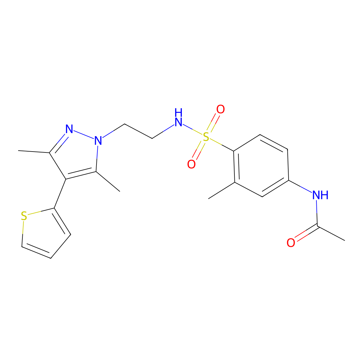 N-(4-(N-(2-(3,5-dimethyl-4-(thiophen-2-yl)-1H-pyrazol-1-yl)ethyl)sulfamoyl)-3-methylphenyl)acetamide molecular structure, CAS 2034374-92-8
