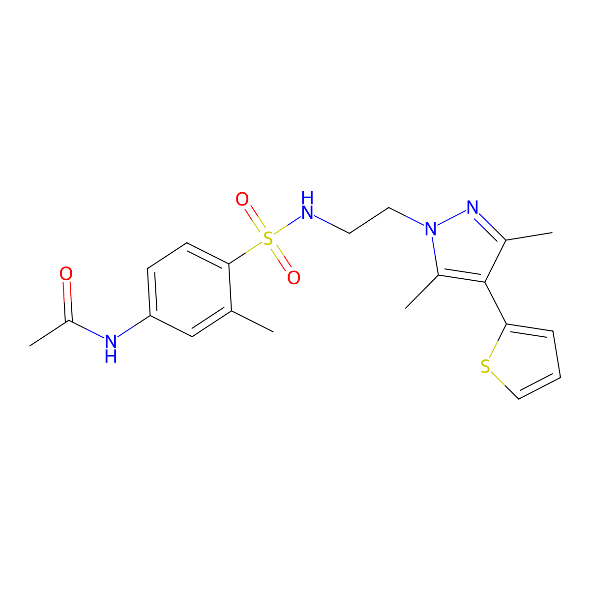 N-(4-(N-(2-(3,5-dimethyl-4-(thiophen-2-yl)-1H-pyrazol-1-yl)ethyl)sulfamoyl)-3-methylphenyl)acetamide molecular structure, CAS 2034374-92-8