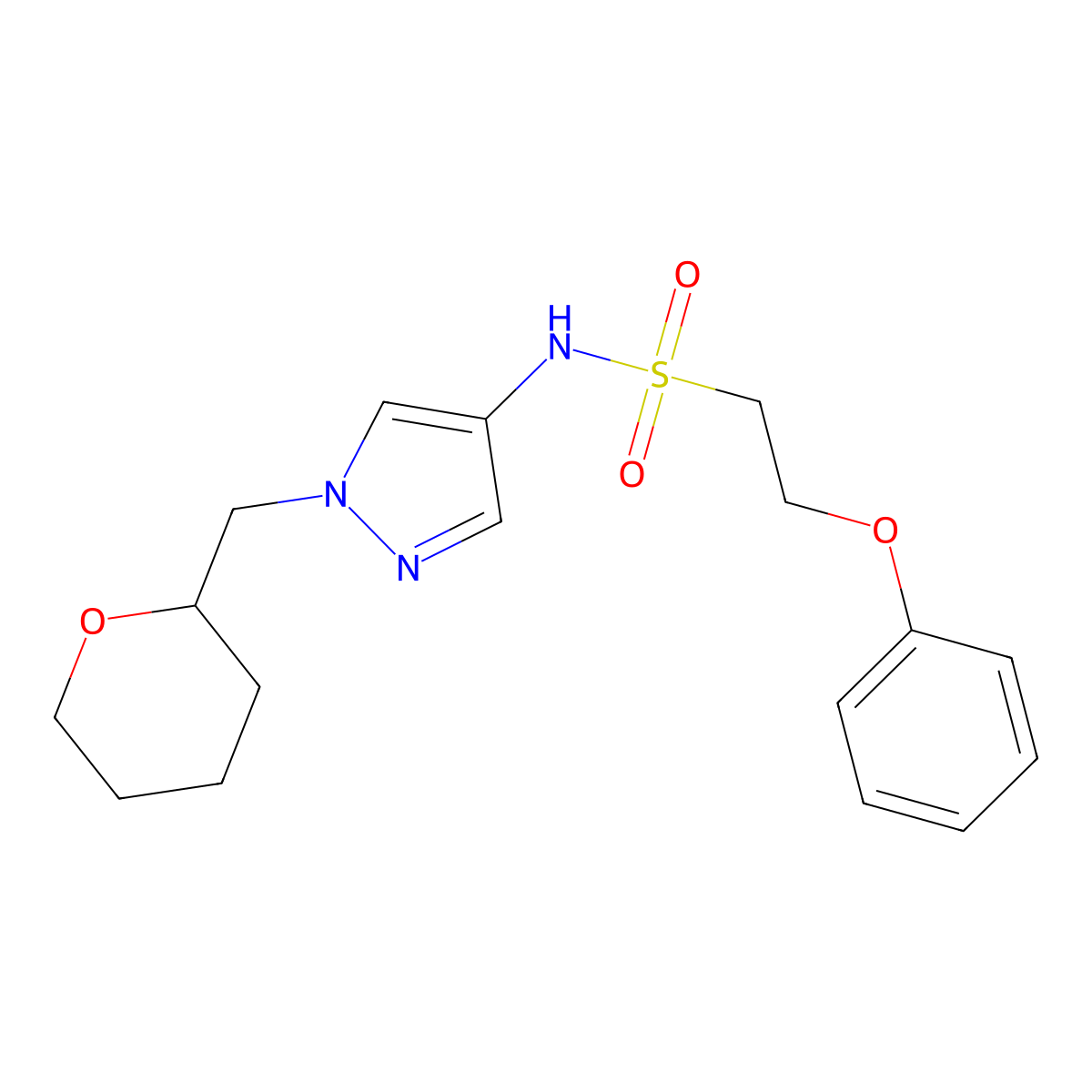 2-phenoxy-N-(1-((tetrahydro-2H-pyran-2-yl)methyl)-1H-pyrazol-4-yl)ethanesulfonamide molecular structure, CAS 2034374-93-9