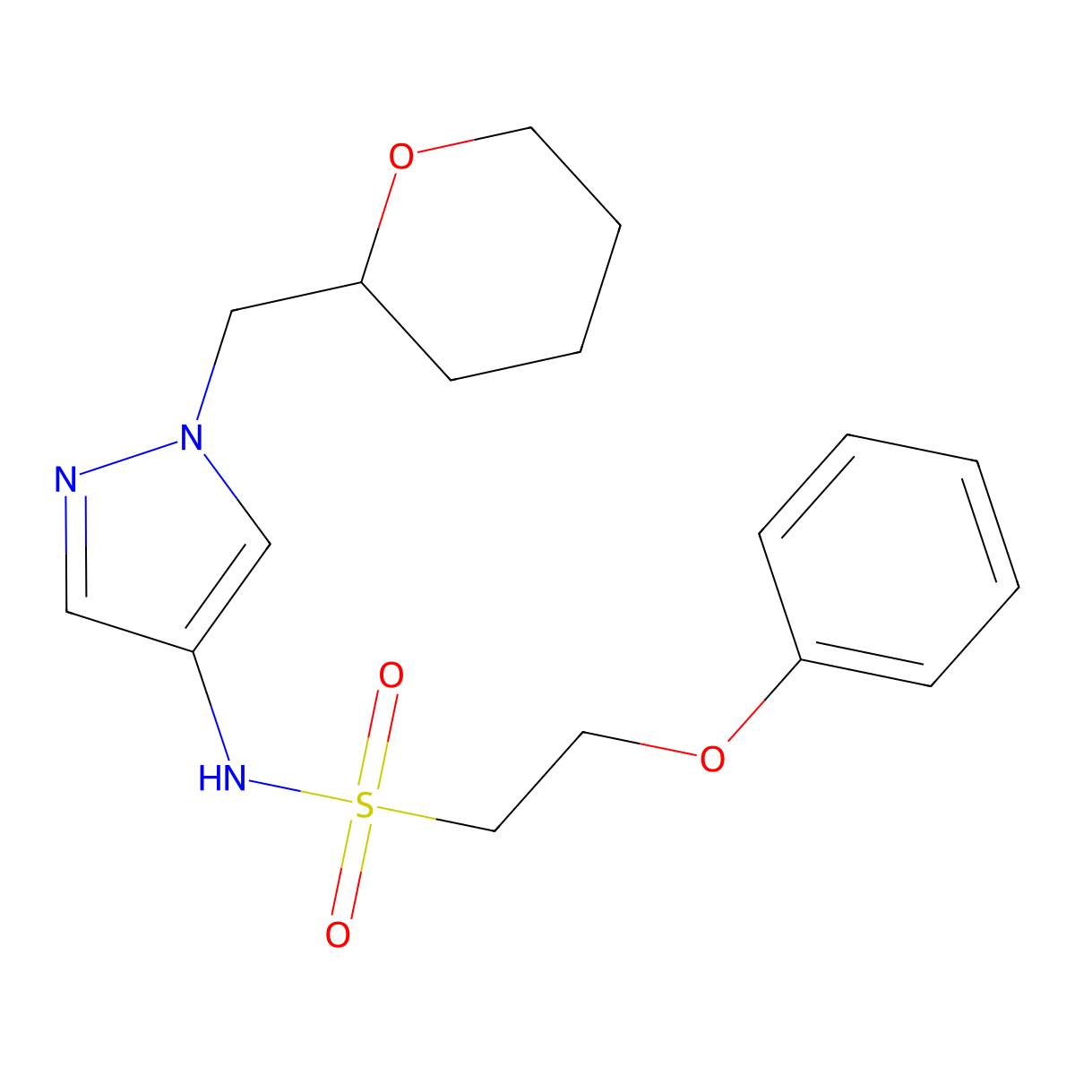 2-phenoxy-N-(1-((tetrahydro-2H-pyran-2-yl)methyl)-1H-pyrazol-4-yl)ethanesulfonamide molecular structure, CAS 2034374-93-9