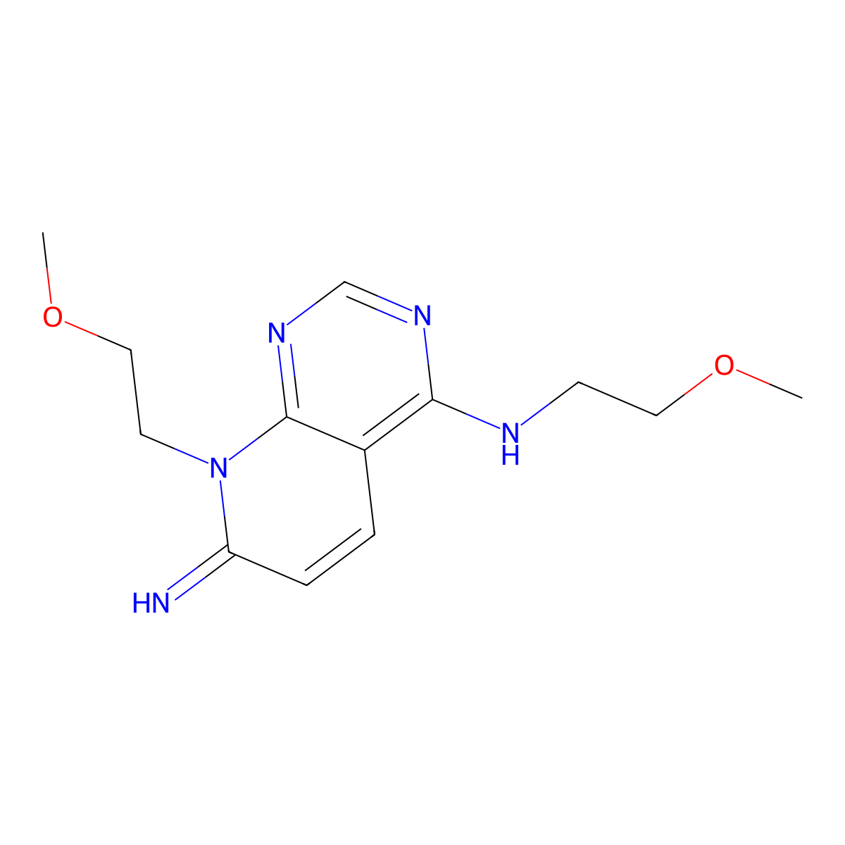 7-imino-N,8-bis(2-methoxyethyl)-7,8-dihydropyrido[2,3-d]pyrimidin-4-amine molecular structure, CAS 2034374-96-2