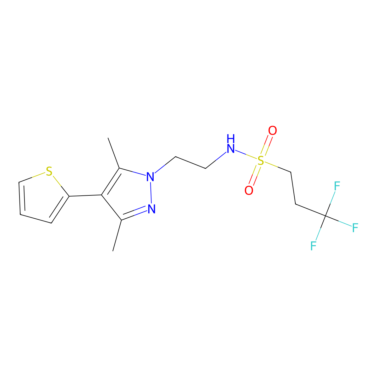N-(2-(3,5-dimethyl-4-(thiophen-2-yl)-1H-pyrazol-1-yl)ethyl)-3,3,3-trifluoropropane-1-sulfonamide molecular structure, CAS 2034375-01-2