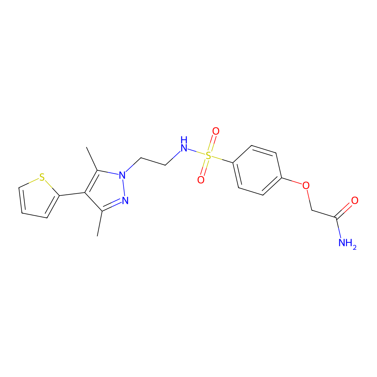2-(4-(N-(2-(3,5-dimethyl-4-(thiophen-2-yl)-1H-pyrazol-1-yl)ethyl)sulfamoyl)phenoxy)acetamide molecular structure, CAS 2034375-07-8