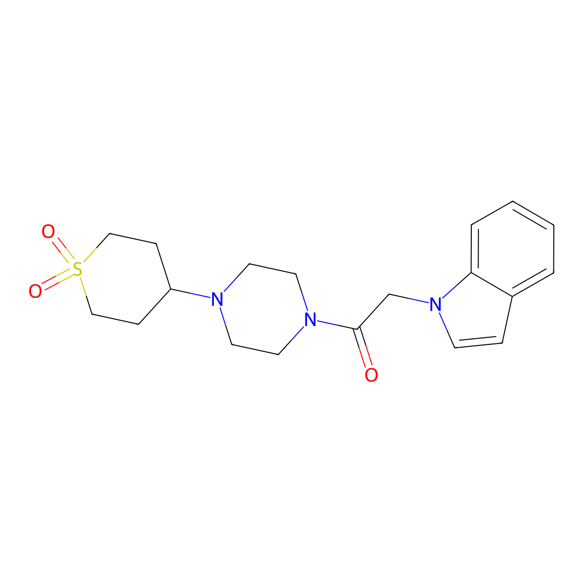 1-(4-(1,1-dioxidotetrahydro-2H-thiopyran-4-yl)piperazin-1-yl)-2-(1H-indol-1-yl)ethanone molecular structure, CAS 2034375-09-0
