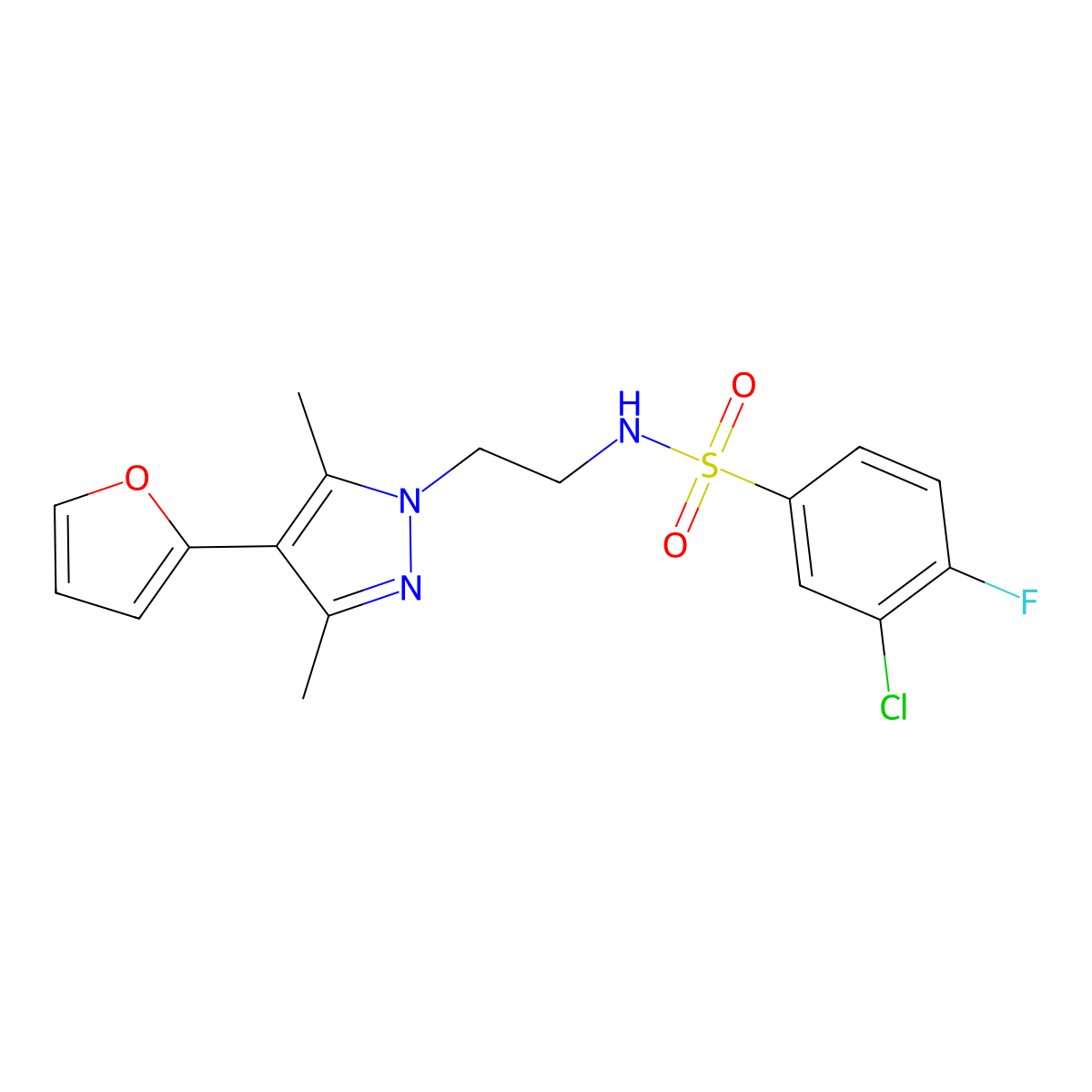 3-chloro-4-fluoro-N-(2-(4-(furan-2-yl)-3,5-dimethyl-1H-pyrazol-1-yl)ethyl)benzenesulfonamide molecular structure, CAS 2034375-11-4