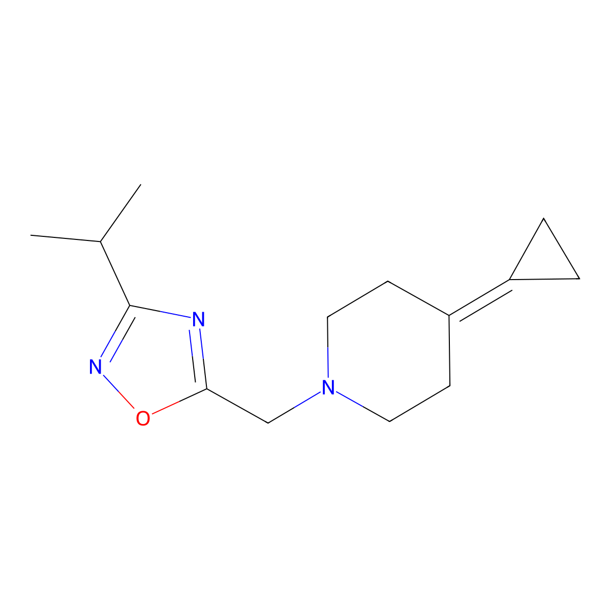 4-Cyclopropylidene-1-{[3-(propan-2-yl)-1,2,4-oxadiazol-5-yl]methyl}piperidine molecular structure, CAS 2034375-12-5
