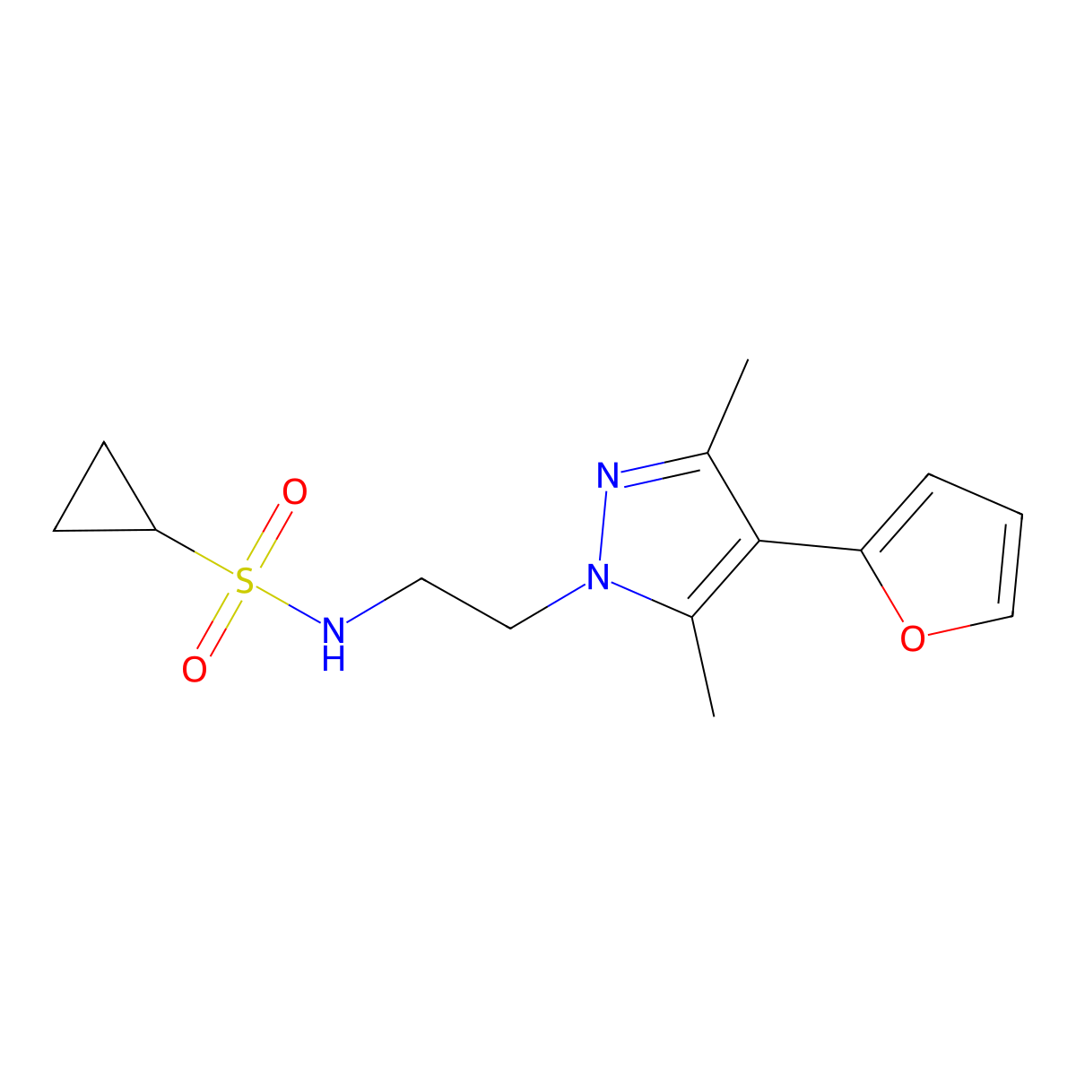 N-(2-(4-(furan-2-yl)-3,5-dimethyl-1H-pyrazol-1-yl)ethyl)cyclopropanesulfonamide molecular structure, CAS 2034375-22-7