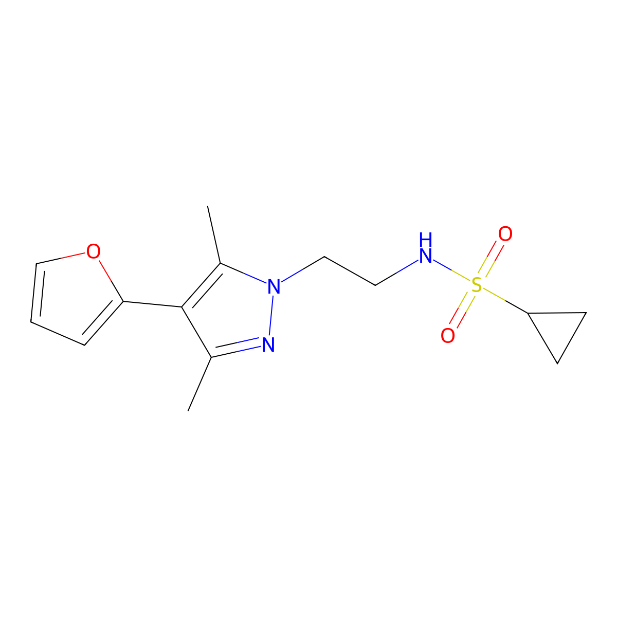 N-(2-(4-(furan-2-yl)-3,5-dimethyl-1H-pyrazol-1-yl)ethyl)cyclopropanesulfonamide molecular structure, CAS 2034375-22-7