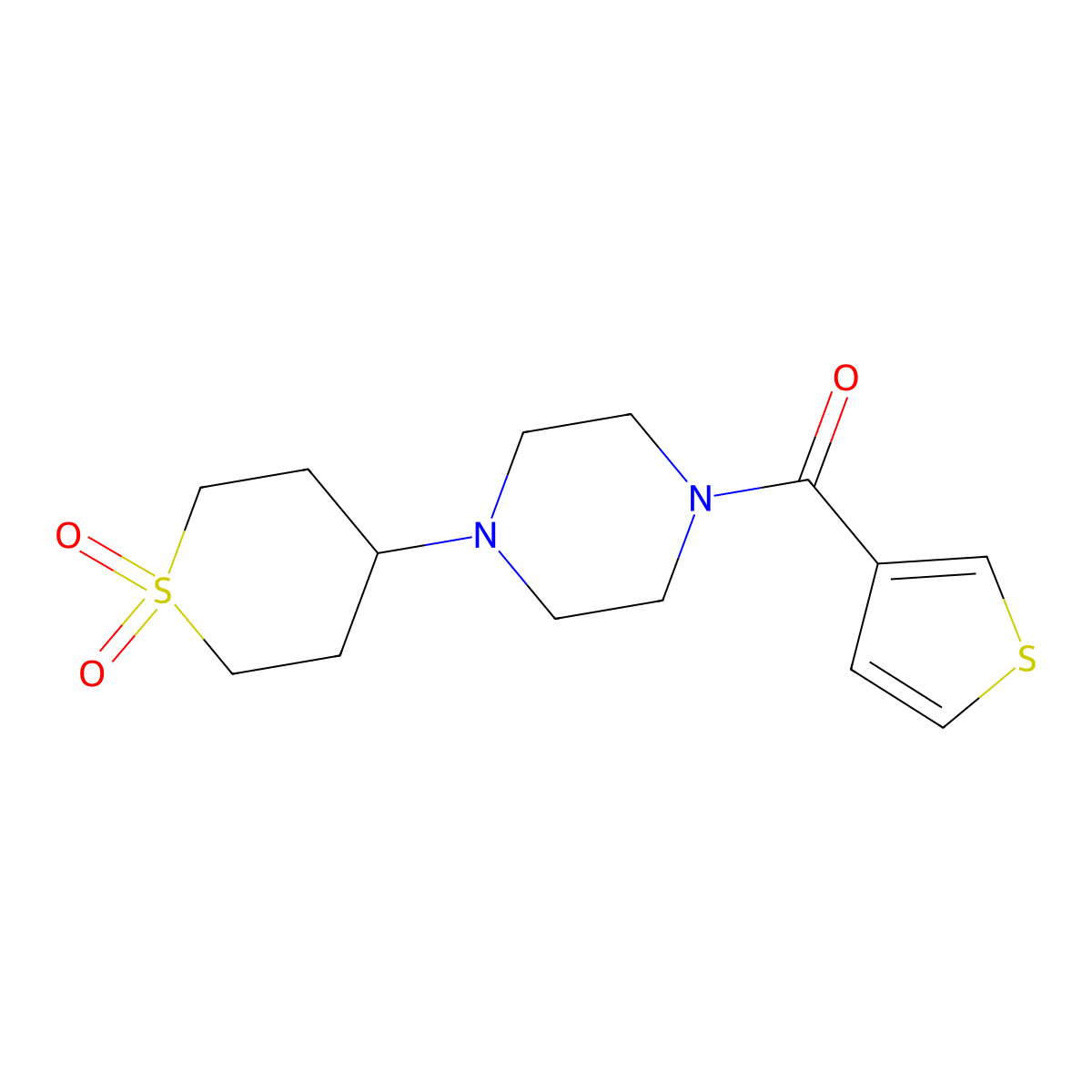 (4-(1,1-dioxidotetrahydro-2H-thiopyran-4-yl)piperazin-1-yl)(thiophen-3-yl)methanone molecular structure, CAS 2034375-25-0