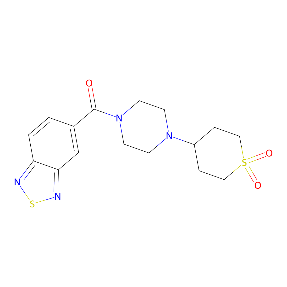 benzo[c][1,2,5]thiadiazol-5-yl(4-(1,1-dioxidotetrahydro-2H-thiopyran-4-yl)piperazin-1-yl)methanone molecular structure, CAS 2034375-32-9