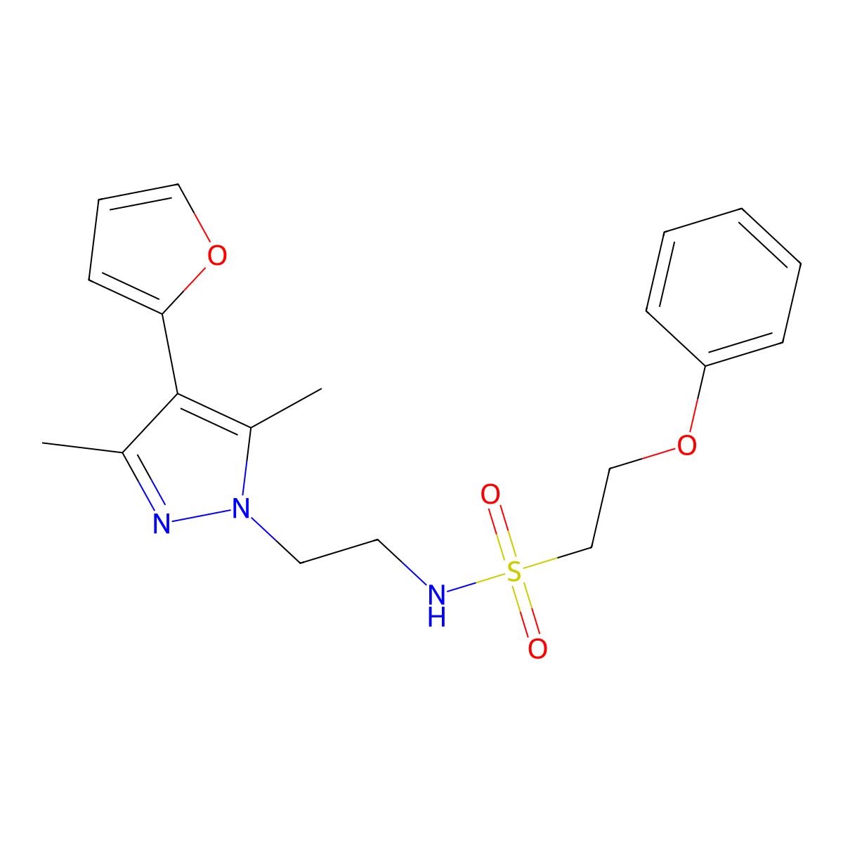 N-(2-(4-(furan-2-yl)-3,5-dimethyl-1H-pyrazol-1-yl)ethyl)-2-phenoxyethanesulfonamide molecular structure, CAS 2034375-40-9