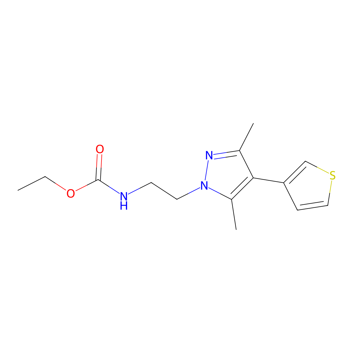 ethyl (2-(3,5-dimethyl-4-(thiophen-3-yl)-1H-pyrazol-1-yl)ethyl)carbamate molecular structure, CAS 2034375-44-3