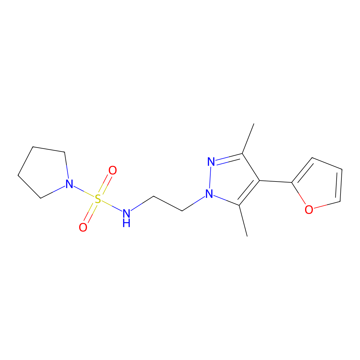 N-{2-[4-(furan-2-yl)-3,5-dimethyl-1H-pyrazol-1-yl]ethyl}pyrrolidine-1-sulfonamide molecular structure, CAS 2034375-46-5