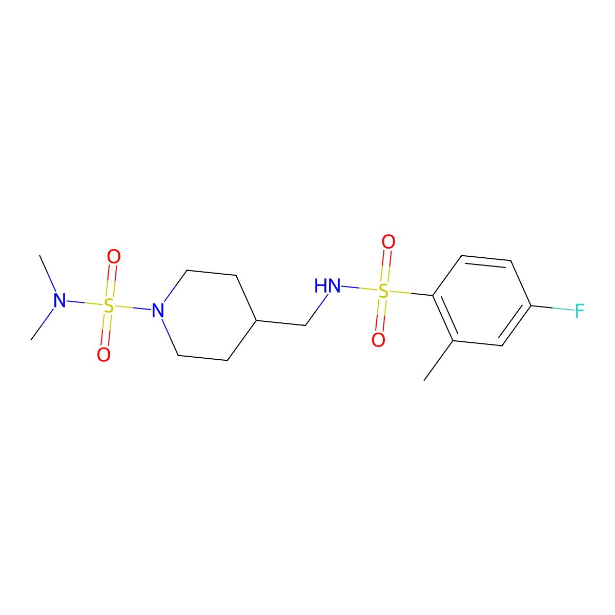 4-((4-fluoro-2-methylphenylsulfonamido)methyl)-N,N-dimethylpiperidine-1-sulfonamide molecular structure, CAS 2034375-60-3