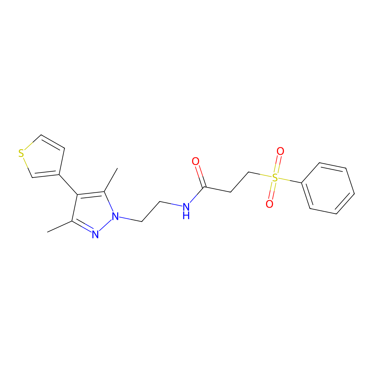 3-(benzenesulfonyl)-N-{2-[3,5-dimethyl-4-(thiophen-3-yl)-1H-pyrazol-1-yl]ethyl}propanamide molecular structure, CAS 2034375-73-8