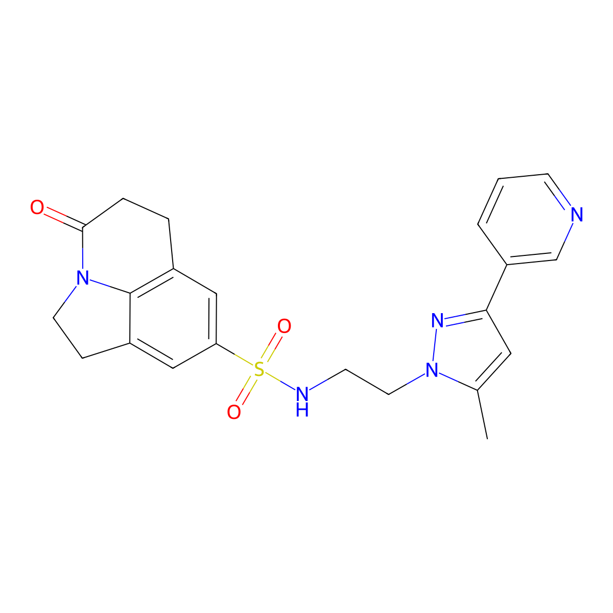 N-{2-[5-methyl-3-(pyridin-3-yl)-1H-pyrazol-1-yl]ethyl}-11-oxo-1-azatricyclo[6.3.1.0^{4,12}]dodeca-4(12),5,7-triene-6-sulfonamide molecular structure, CAS 2034375-78-3