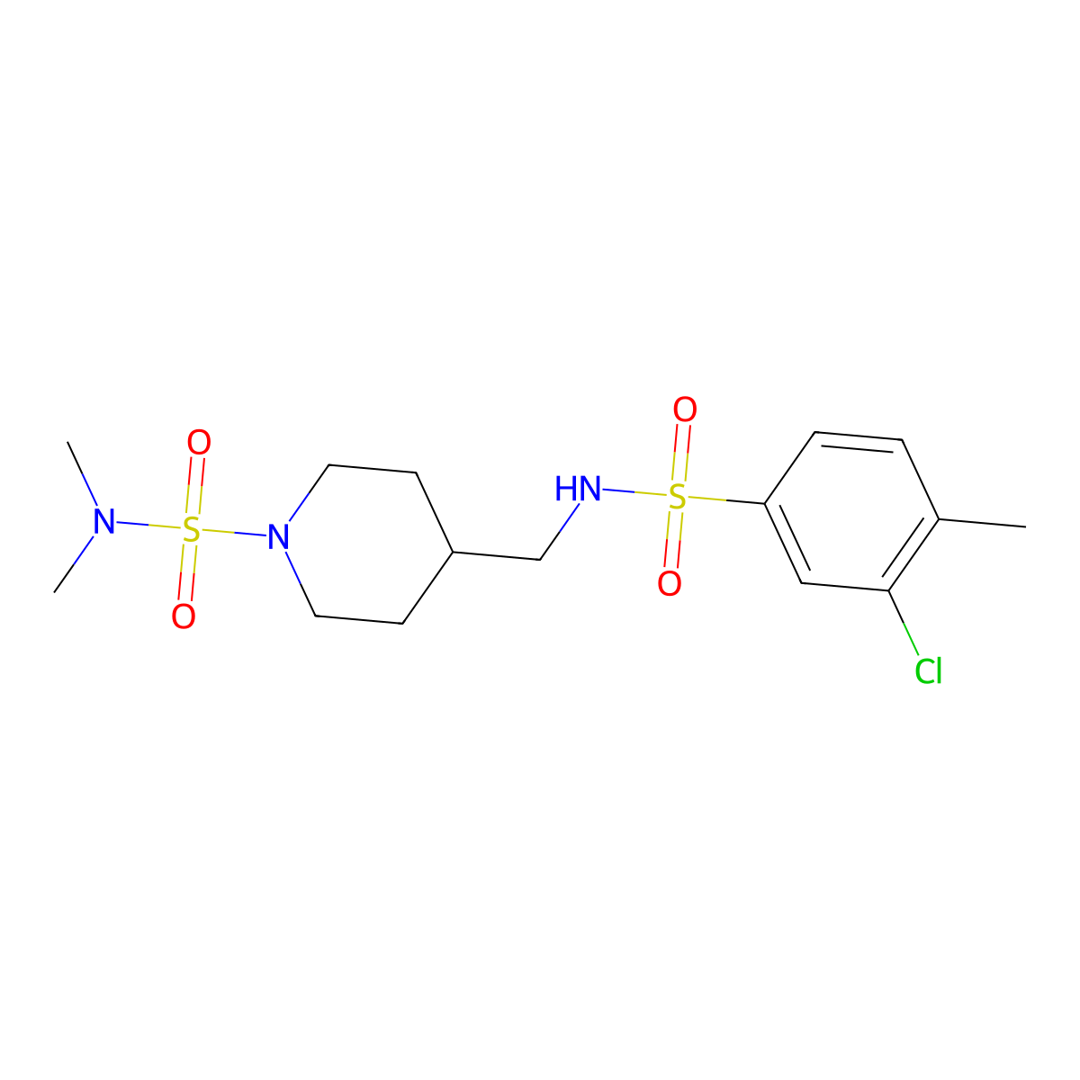 4-((3-chloro-4-methylphenylsulfonamido)methyl)-N,N-dimethylpiperidine-1-sulfonamide molecular structure, CAS 2034375-82-9