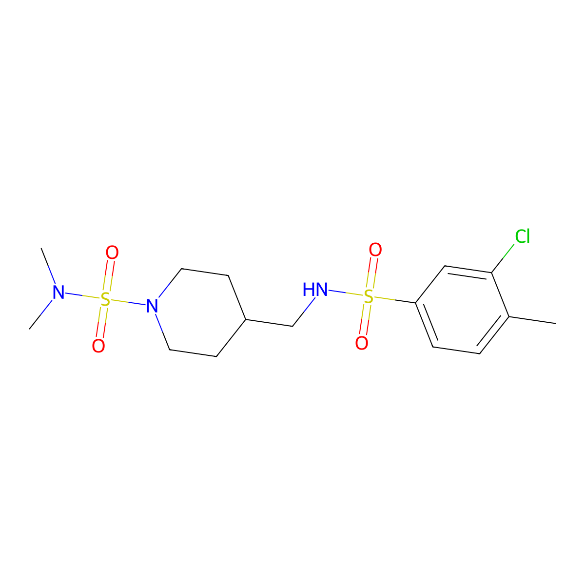 4-((3-chloro-4-methylphenylsulfonamido)methyl)-N,N-dimethylpiperidine-1-sulfonamide molecular structure, CAS 2034375-82-9