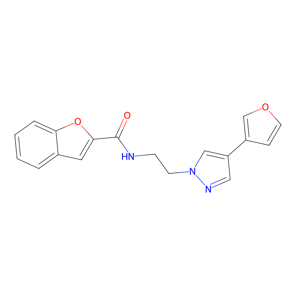 N-(2-(4-(furan-3-yl)-1H-pyrazol-1-yl)ethyl)benzofuran-2-carboxamide molecular structure, CAS 2034375-85-2