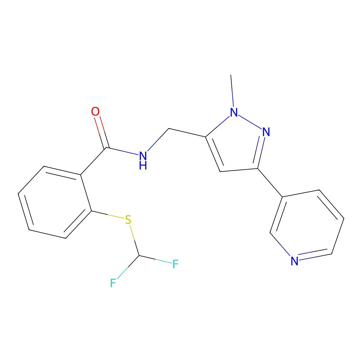 2-((difluoromethyl)thio)-N-((1-methyl-3-(pyridin-3-yl)-1H-pyrazol-5-yl)methyl)benzamide molecular structure, CAS 2034376-02-6