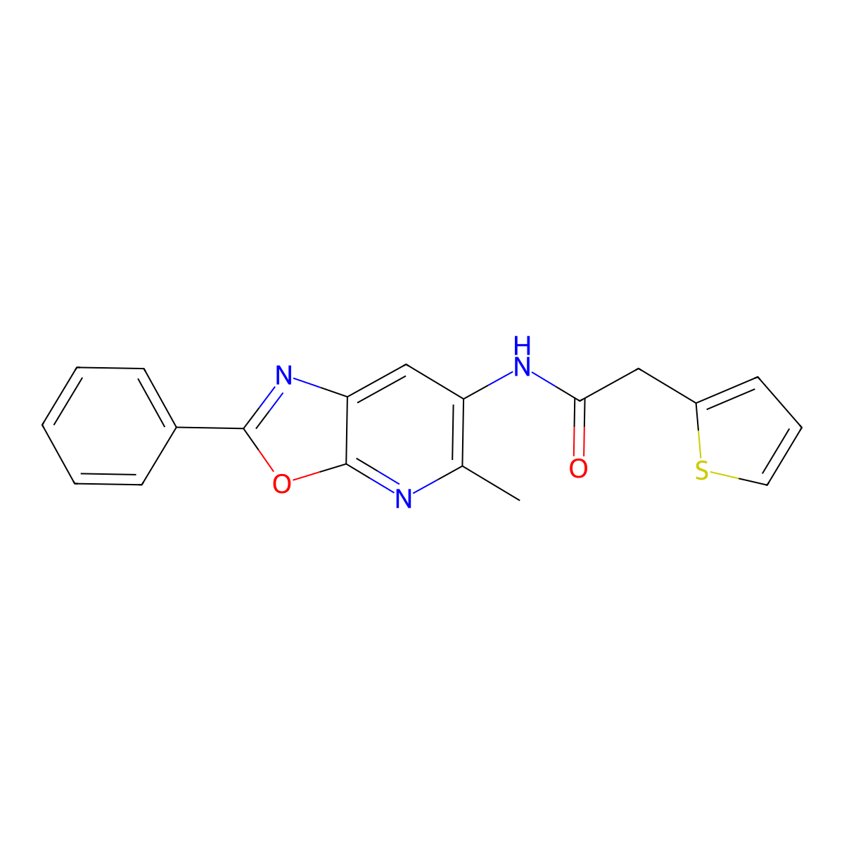 N-(5-methyl-2-phenyloxazolo[5,4-b]pyridin-6-yl)-2-(thiophen-2-yl)acetamide molecular structure, CAS 2034376-04-8