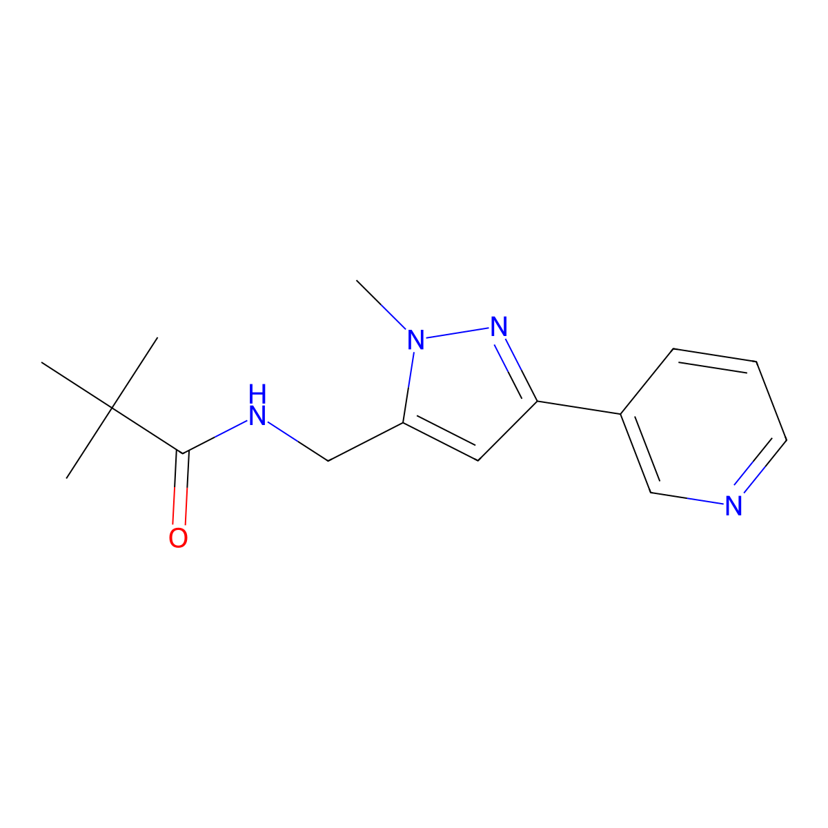 N-((1-methyl-3-(pyridin-3-yl)-1H-pyrazol-5-yl)methyl)pivalamide molecular structure, CAS 2034376-09-3